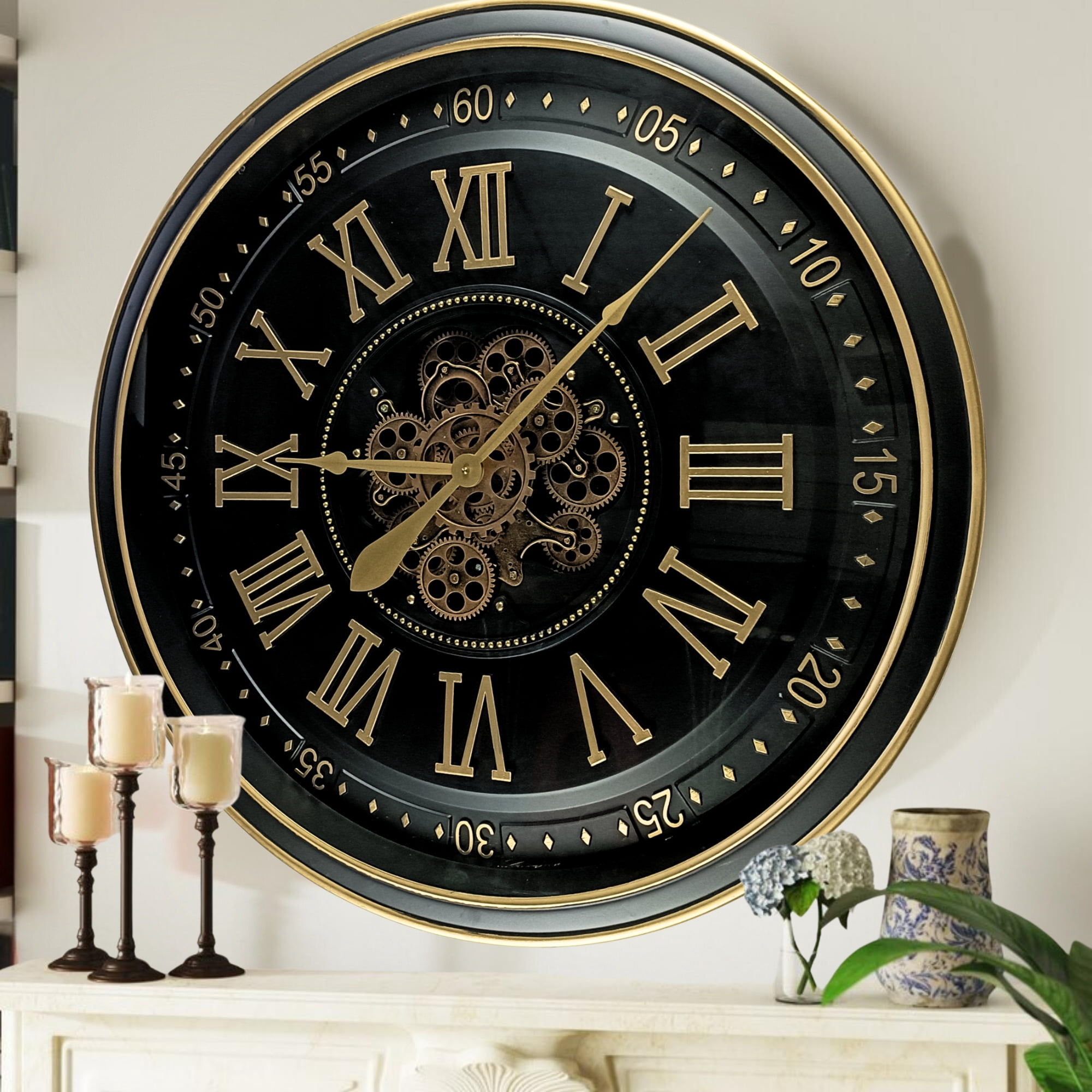 THE GEARS CLOCK Wall Clock with Real Moving Gears IR-LI_ 32 in Round BLACK-ANTIQUE