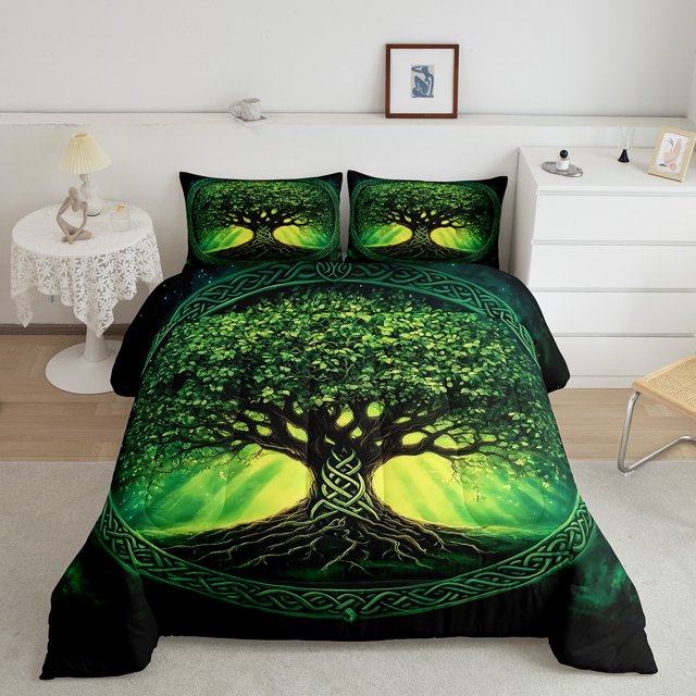 Erosebridal Hippie Life Tree Bedding Full Comforter Set, Green Down Comforter, Mid Century Decor, Ultra Soft 3 Pieces