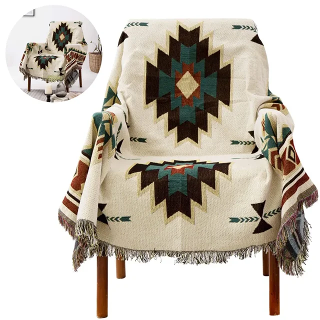 Colcha con flecos, manta india tejida de algodón de doble cara: adecuada como manta de sofá, manta de cama, manta de sillón y también como manta de sofá.