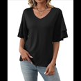 thumbnail image 2 of Camisetas Elegantes de Cuello en V para Mujer, de Doble Capa, con Mangas Acampanadas y Volantes de 3/4, Color Negro, Talla XXL, 2 of 8