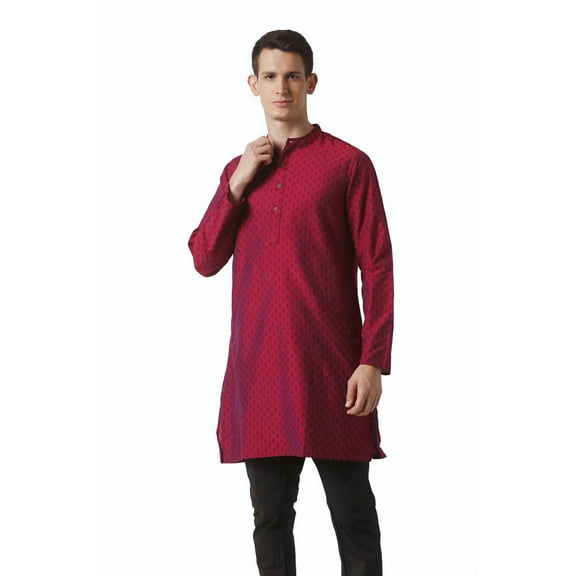 In-Sattva Men's Mandarin Collar Micro Dobby Fine Print Mid-Length Kurta Tunic; Magenta