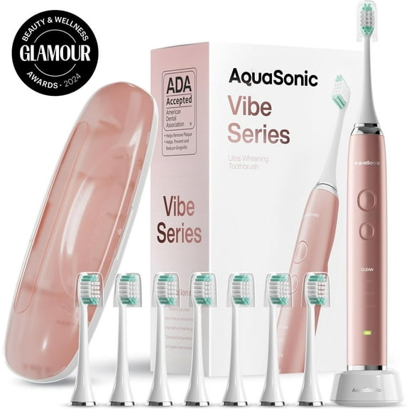 AquaSonic Vibe Electric Toothbrush Set - ADA Accepted, Rechargeable, 4 Modes, Travel Case, 8 Brush Heads - Pink