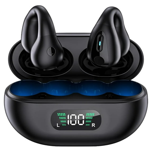 Open Ear Bone Conduction Headphones Wireless,Clip On Earbuds with Digital Display,Charging Case 60 Hours Playtime,Bluetooth 5.3 Sport Earphones Built-in Mic,IPX7 Waterproof for Running Fitness Black