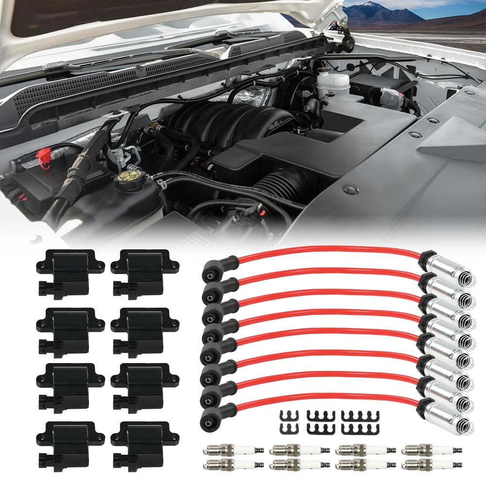 CROSSDESIGN 8 Pack Square Ignition Coil & Spark Plug Wire Fit for Chevy Express Silverado GMC Yukon Savana Sierra 1999-2007