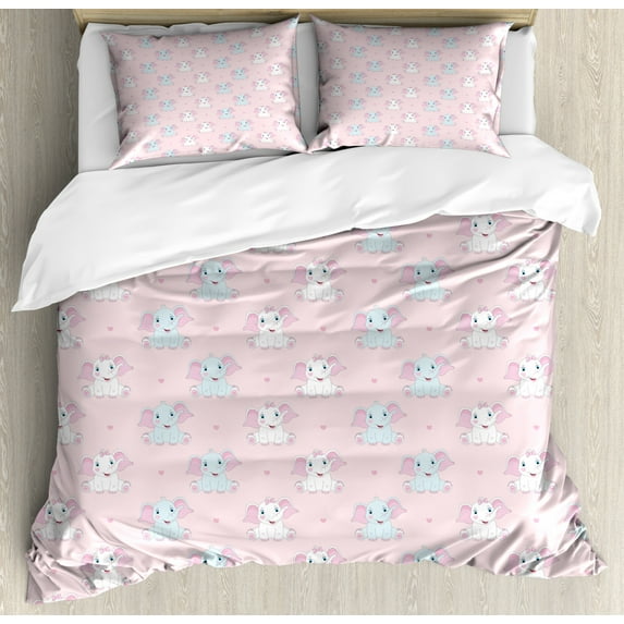 Pastel Duvet Cover Set Queen Size, Pattern of Repeating Baby Elephants Smiling with Mini Hearts, Decorative 3 Piece Bedding Set with 2 Pillow Shams, Rose Baby Pink, by Ambesonne