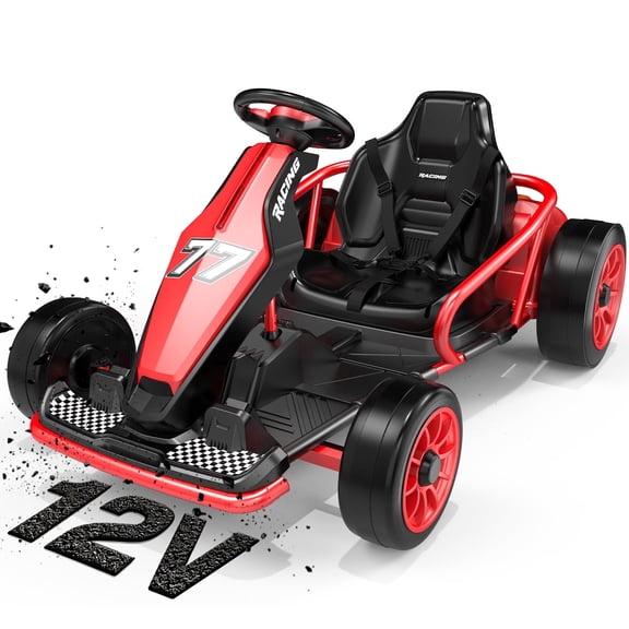 EVOKEDEN 12V Electric Go Kart, Drift Racing Kart with LED Lights & Music, Ride On Toy for Kids 6-12, Red