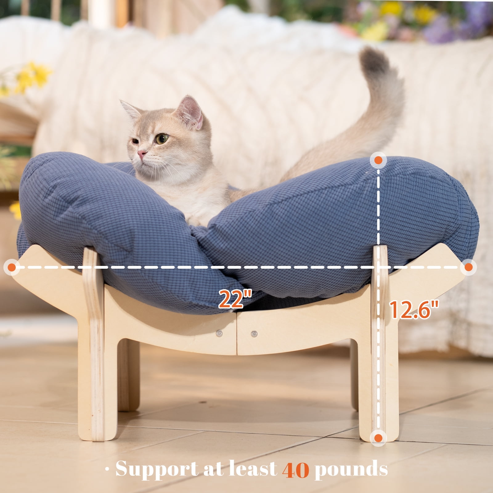 CheerPals Elevated Cat Bed Wooden with Cushion Fluffy Pet Couch Sofa for Indoor Cats Raised Kitty Lounge Chair Suitable for Puppy, Cat Furniture(Dark Blue)