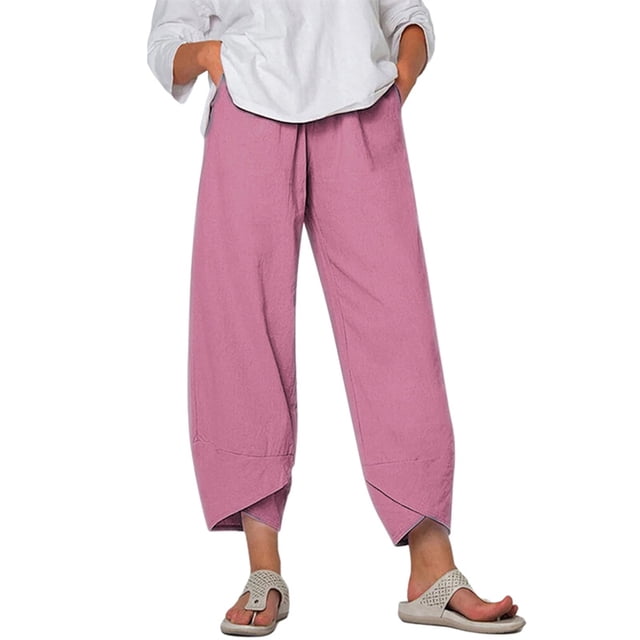 Innerwin Palazzo Pant High Waist Ladies Harem Pants Beach Solid Color Boho Trousers Pink S