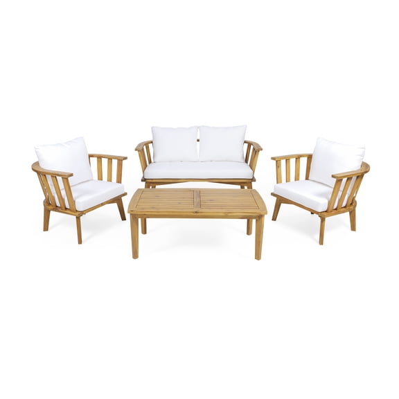 GDF Studio Lennon Outdoor Acacia Wood 4 Seater Chat Set with Cushions, White and Teak