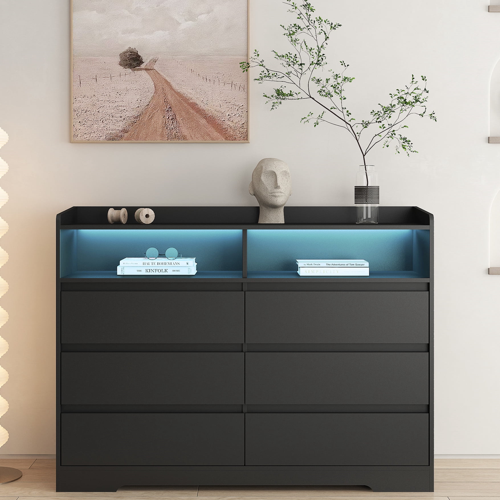 Aukfa Modern 6-Drawer Dresser Storage Buffet Cabinet with LED for Bedroom Living Room, Black