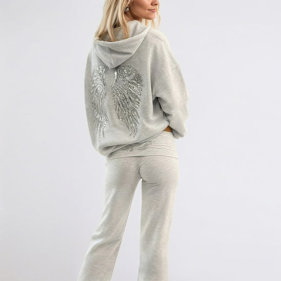 HOWPAY Angel Wings Sweatsuits Women 2 Piece Outfit Long Sleeve Drop Shoulder Hoodies and Pants Set Vintage Streetwear with Rhinestone Fall Winter Tracksuits Light Gray L