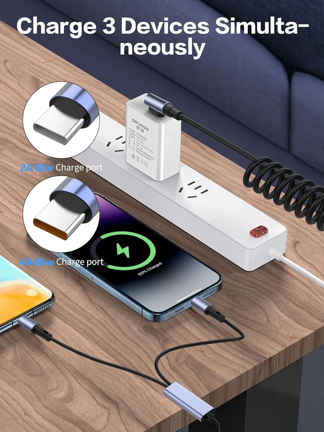 HRTGFD-2 in 1 Coiled USB Charging Cable, 90 Degree USB 1 to 2 Fast Charging Cord, Spring Retractable Charger Cable for Phones, Tablets, Power Banks (2 Type C)