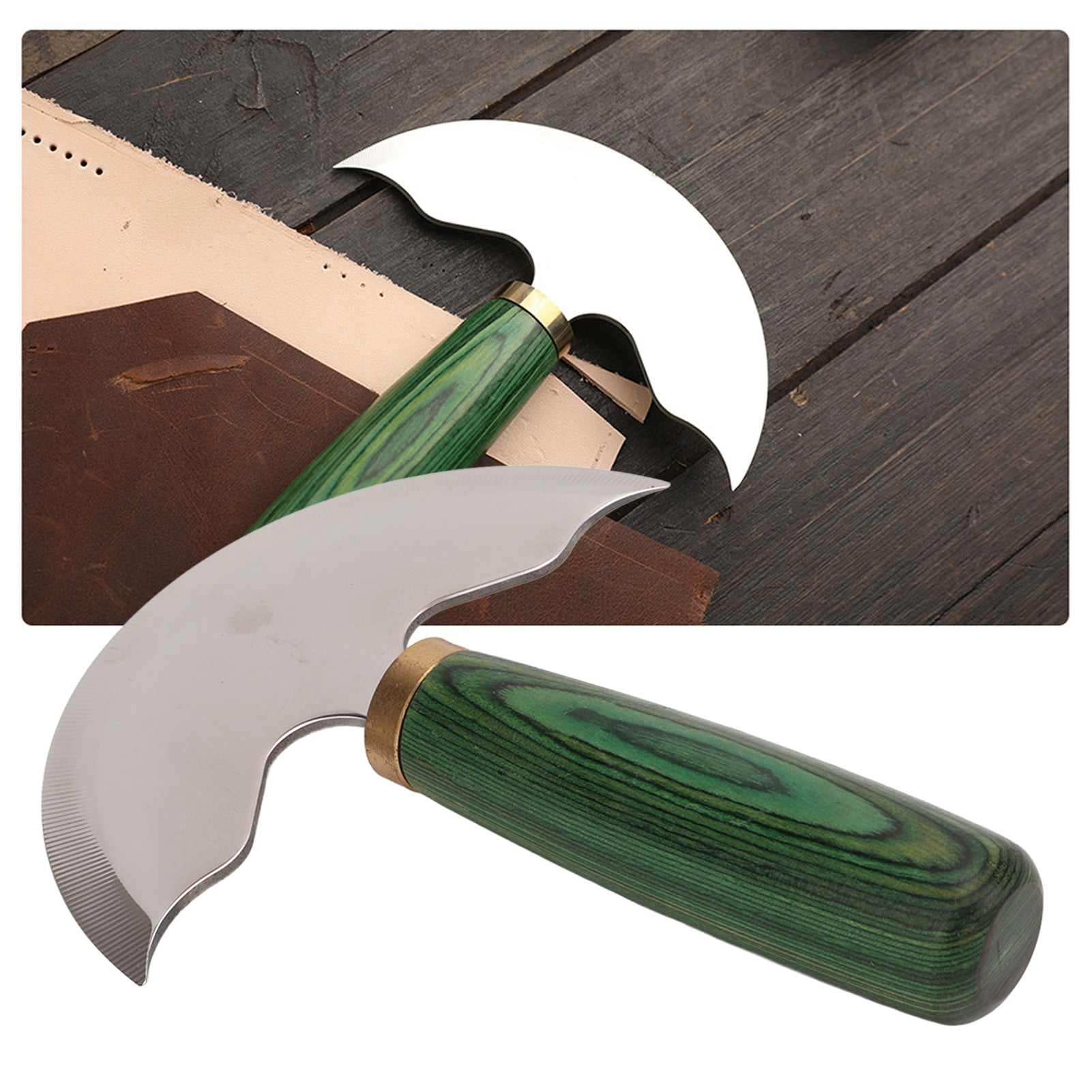 YAHHU Leather Round Head Knife Semicircle Green Wooden Handle Handmade DIY Leathercraft Skiver Trimming Knife Leather Working Tool Set 6.02 x 4.92 inches / 153 x 125 mm
