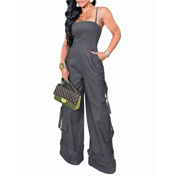 Women'S Overalls Jumpsuit Wide-Leg Jumpsuit Multi-Pocket Overalls Grey XXL