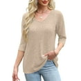 thumbnail image 4 of Zylanna Women's Pullover Sweaters, 3/4 Sleeve Solid Color Knitted V-Neck Casual Tops for Women Khaki, 4 of 8