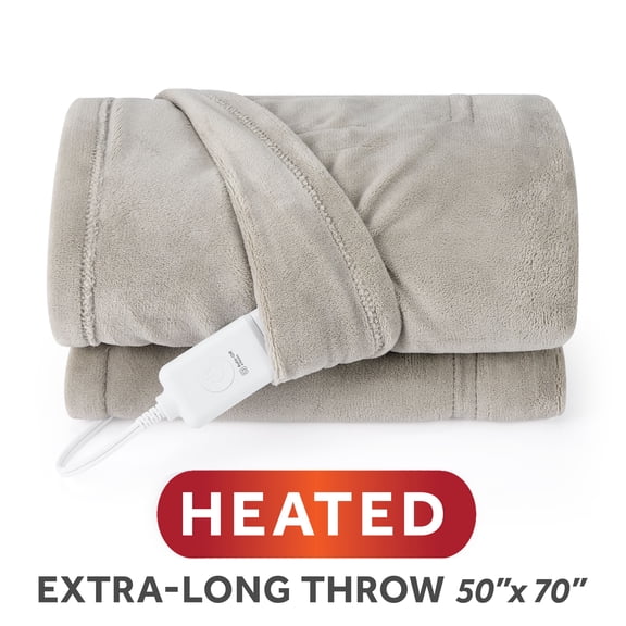 Sunbeam Heated Electric Microplush Throw Blanket, Light Gray, 4 Heat Settings, 50 x 70 in