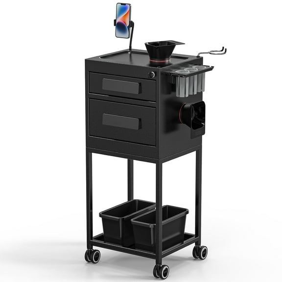 Upgrade Salon Metal Trolley Cart, Hair Stylist Station with Lockable Drawers, 2 Magnetic Bowls & 2 Storage Baskets, Barber Shop Hairdressing Tattoo Beauty Equipment