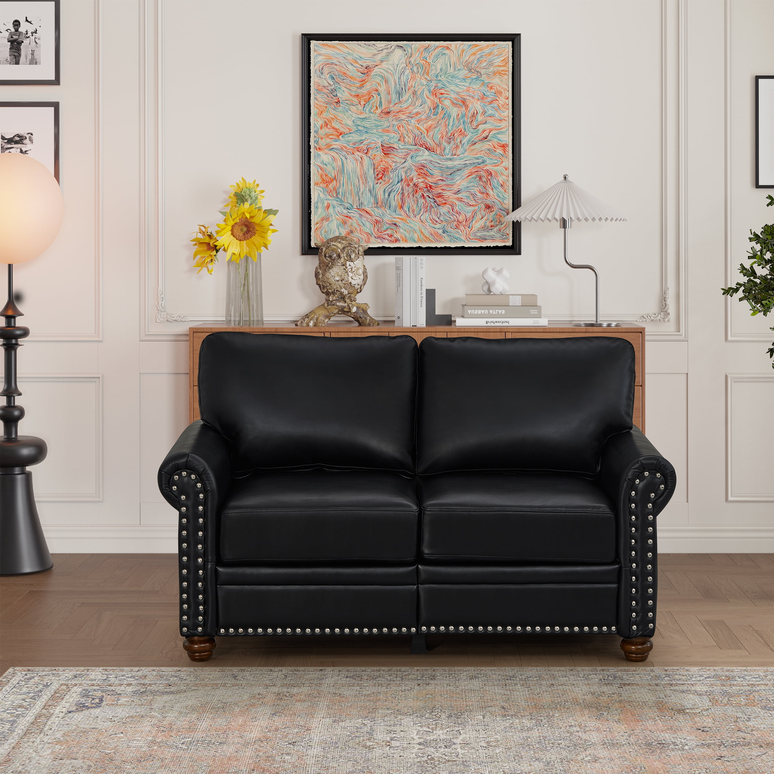 Classic Faux Leather Loveseat Small Sofa Couch with Nailhead Trim and Removable Cushions for Living Room Office Apartment
