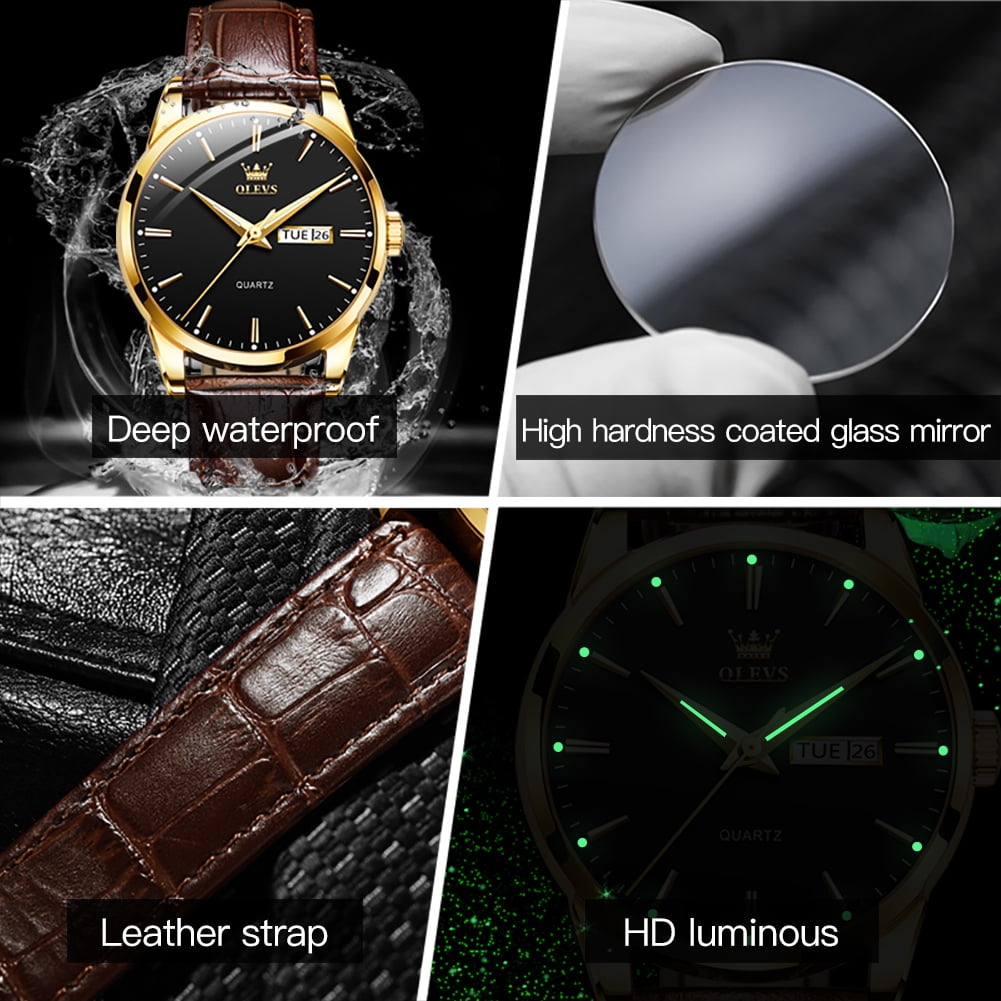 OLEVS Mens Watches,Brown Leather Watch for Men,Gold Plated Case Analog Quartz Fashion Business Dress Watch Luminous Waterproof Casual Male Wrist Watches Reloj para Hombre