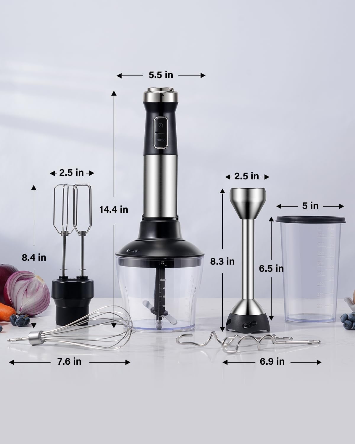 6 in 1  Immersion Blender, 1000W Handheld Hand Blender, 20 Speeds Emulsion Blender with Chopper, Whisk and Frother for Soup, Baby Food and Smoothies, Black