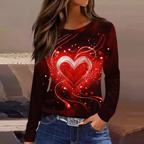 Resicozy Valentine Shirts for Women Fashion Cute Heart Print T Shirt Long Sleeve Valentines Gift Crewneck Shirt Casual Tee Tops Red#1 M