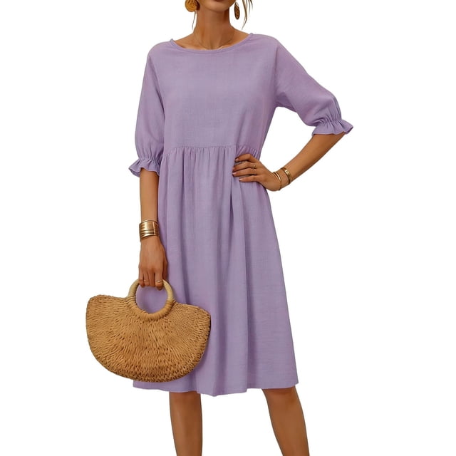 Floleo Robe en Lin Décontractée d'Été pour Femmes à Col Rond avec Manches à Volants 3/4, Ample et Confortable, Plissée, Concise pour les Week-Ends, les Vacances, le Sport, le Jogging, Merveilleux Moment (Violet, P)