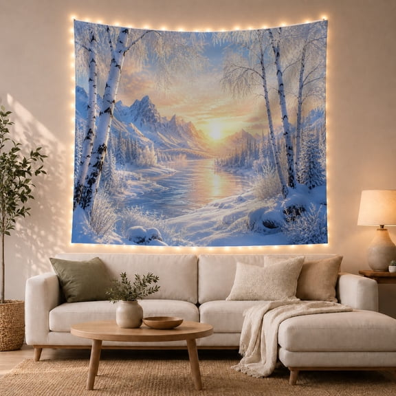 Winter Birches in Sunrise Mountain Snow Scene, Serene Watercolor for Nature Lovers, Landscape Art Wall Decor, Christmas Gift, Tapestry Wall Hanging for Bedroom and Living Room