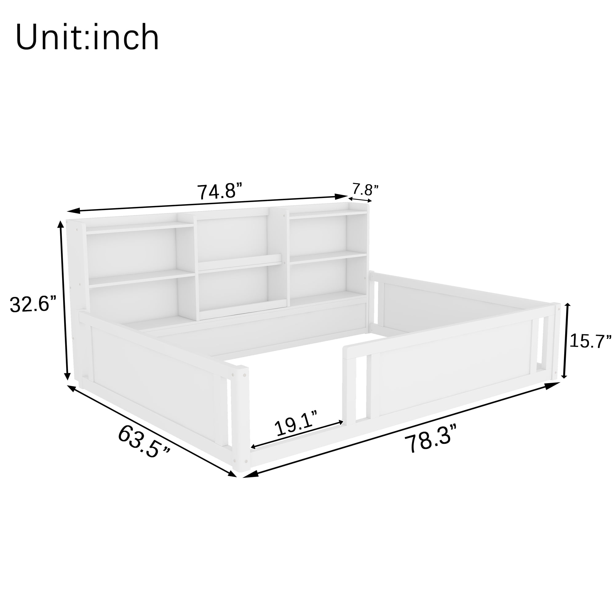 Mintazer Full Size Montessori Floor Bed with Bookcase Headboard & Guardrails, Kids Platform Bed Frame with 6 Cubby Storage Shelves for Bedroom, White