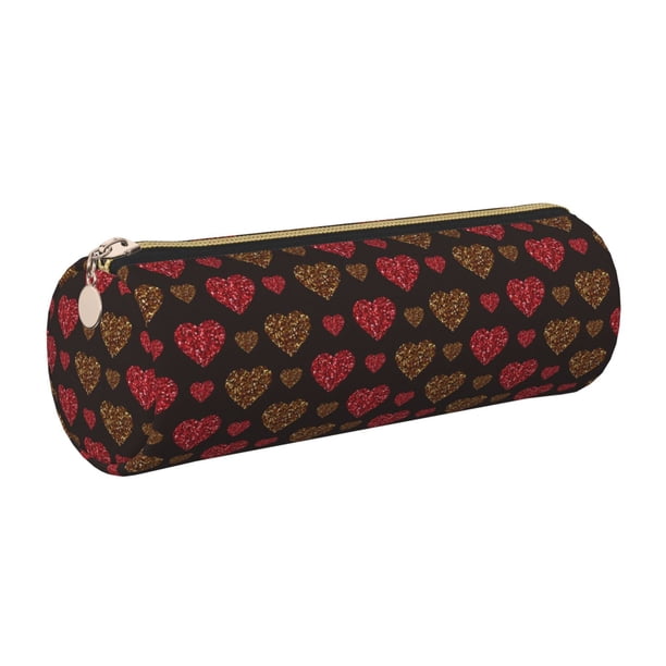 Easygdp Gold Glitter Heart para Estuche de Lápices Cilíndrico de Cuero con Cremallera, Organizador de Lápices de Cuero para Escuela, Oficina y Viajes