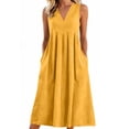 thumbnail image 2 of QUNYINEY Yellow Womens Sundresses Summer Cotton Linen Sleeveless Midi Tank Dress with Pockets Beach Loose Fit Casual V Neck Dresses, 2 of 5