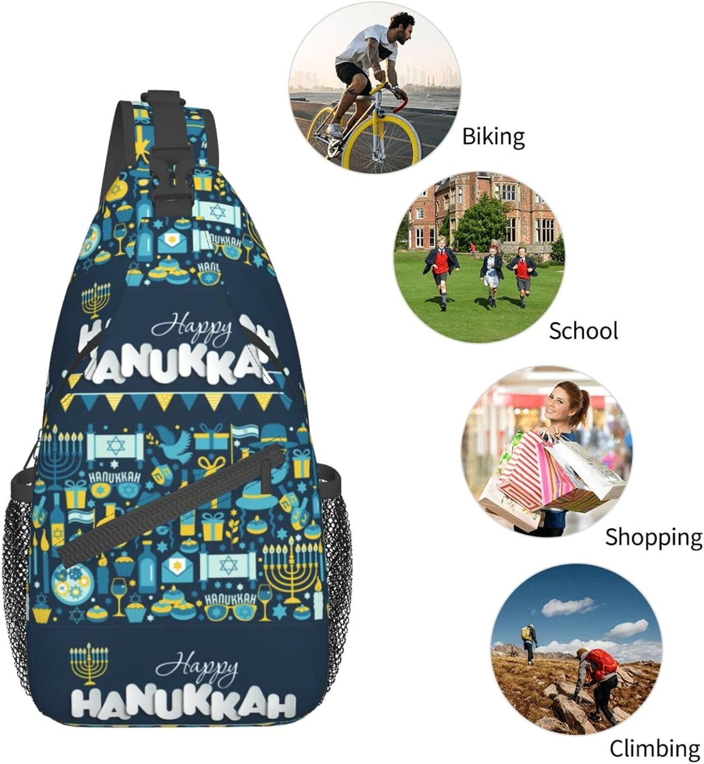 Happy Hanukkah Jewish Chanukah Holiday Sling Bag Crossbody Hiking Travel Chest Bags Backpack Shoulder Daypack for Women Men