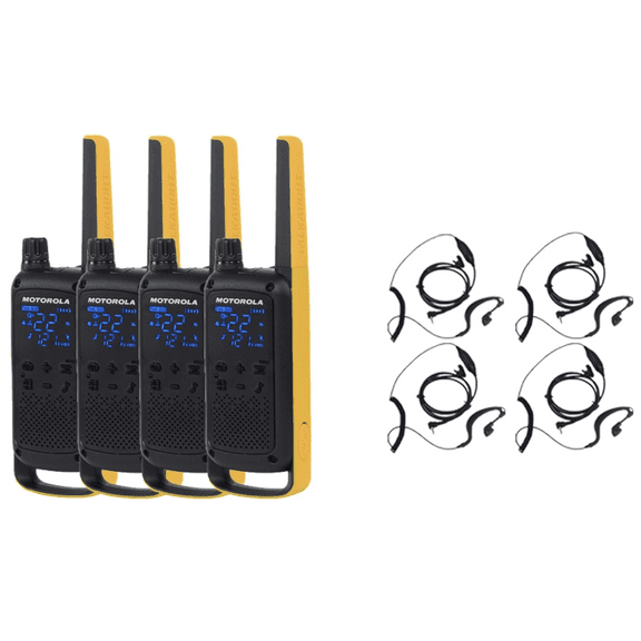 Motorola Talkabout T470 Two Way Radio 4-Pack Walkie Talkies Black/Yellow with PTT Curl Earpieces