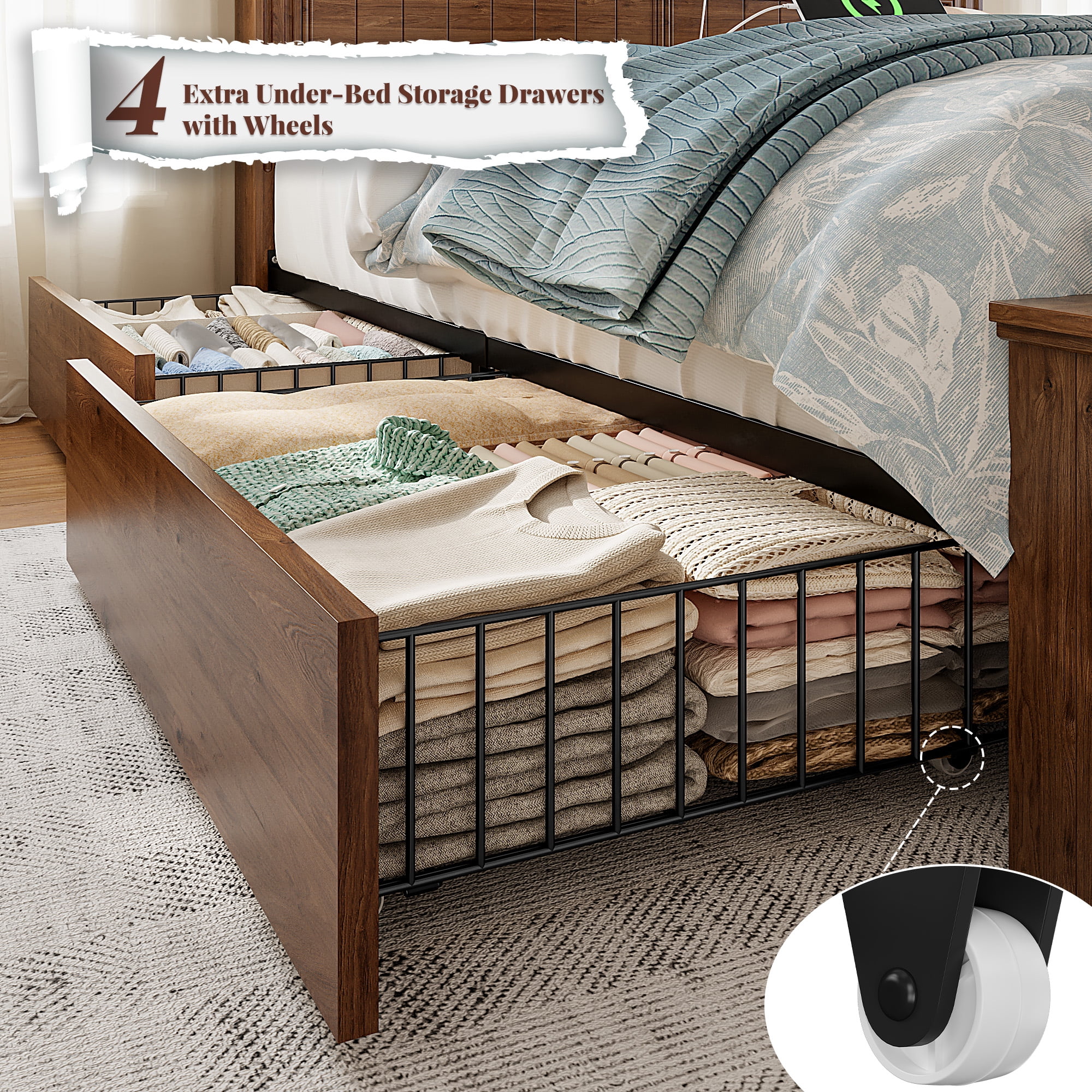 EnHomee Queen Bed Frame with Headboard Bed Frame with 4 Storage Drawers & LED Lights Platform Bed frame with Charging Station