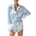 thumbnail image 1 of hirigin Women’s 2PCS Pajamas, Plain/Patchwork Long Sleeve Feather Cuffs Blouse, Short Pants, Loose Sleep/Home Wear Clothes, 1 of 4
