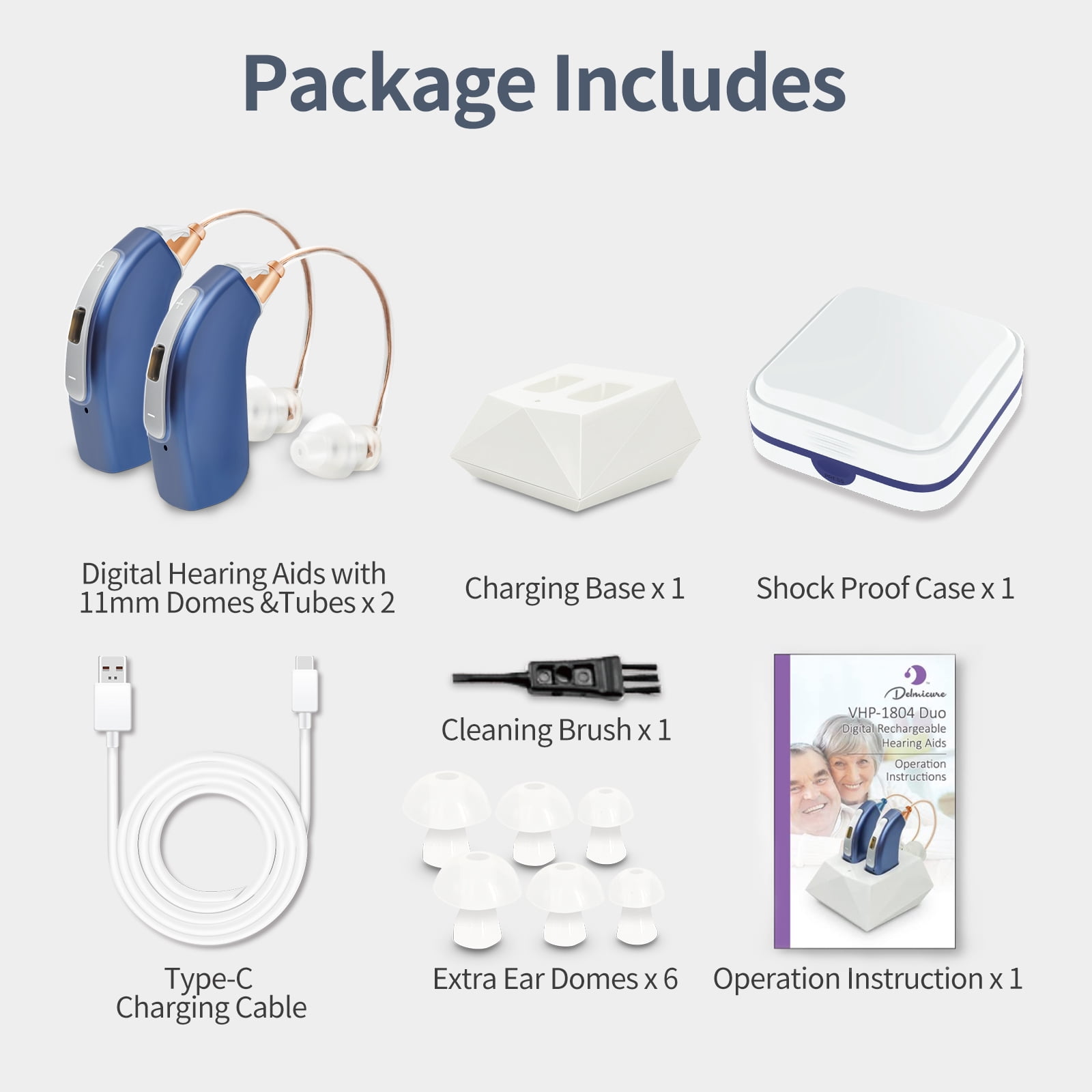 Delmicure Hearing Aids for Seniors, 32-Channel Digital Hearing Aid, 4-Mode, Rechargeable, VHP-1804, Blue, Pair