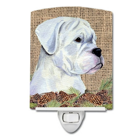 

Caroline s Treasures SS4098CNL White Boxer on Faux Burlap with Pine Cones Ceramic Night Light 6x4x3 multicolor