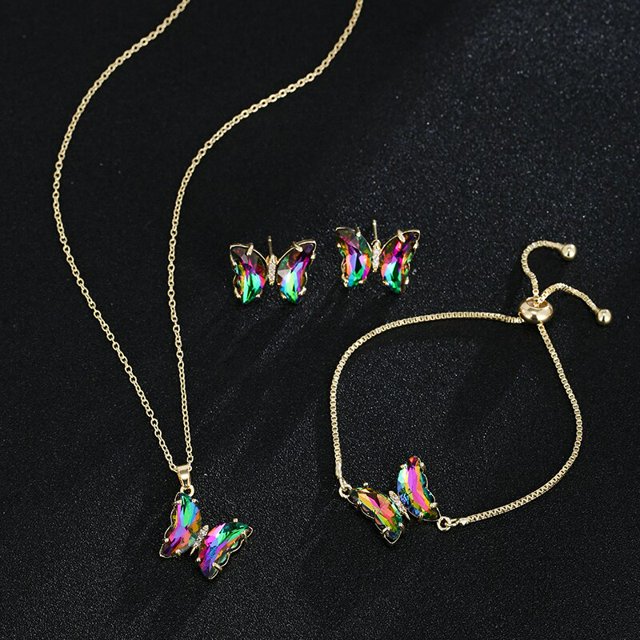 GMGYQ conjunto de joyería romántica para mujer, pulsera, collar, pendientes, Material de vidrio de mariposa, accesorios de vestido de cena de boda