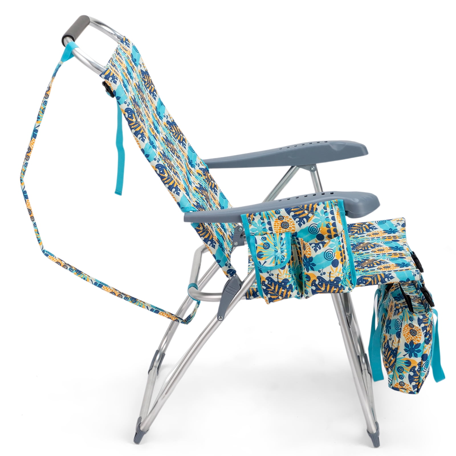 17" High Seat Folding Beach Chair, 7 Position Adjustable Recline Lounge Chair with Padded Headrest, Aluminum Frame Supports 265lbs with Cup Holder Side Pocket & Detachable Storage Tote