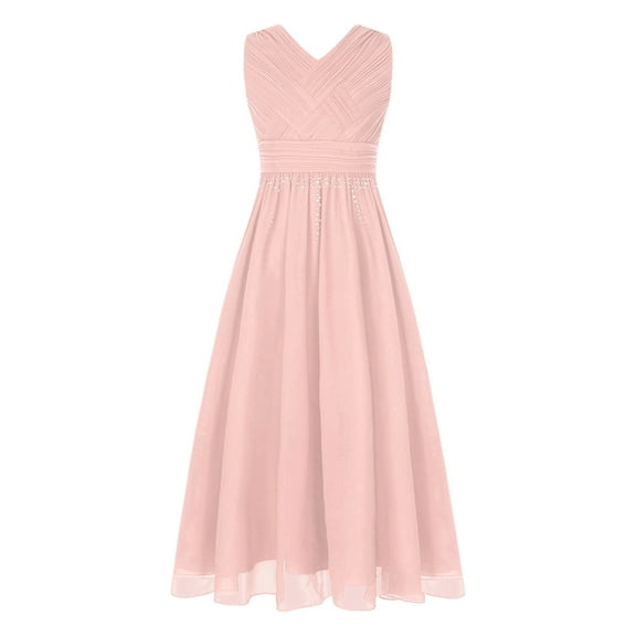 Alvivi Kids Sleeveless Ruched Chiffon Long Dress Flower Girls Wedding Pageant Bridesmaid Dress Pink 12