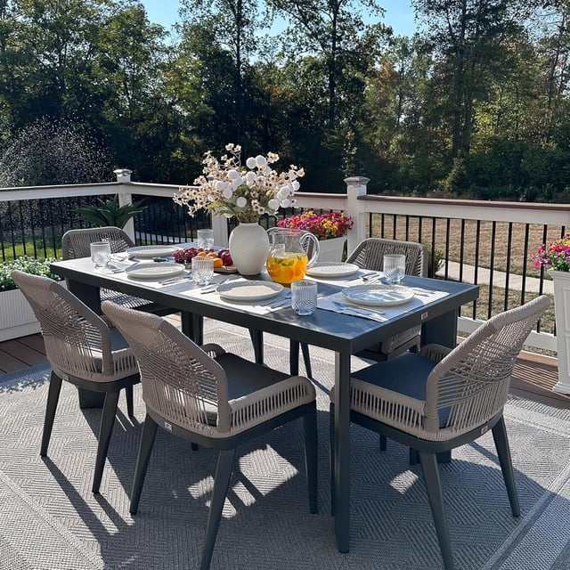 PURPLE LEAF 7 Pieces Modern Patio Dining Set, Rectangular Aluminum Outdoor Table and 6 All-Weather PE Rattan Chairs Set for Kitchen Porch and Garden, Dark Grey