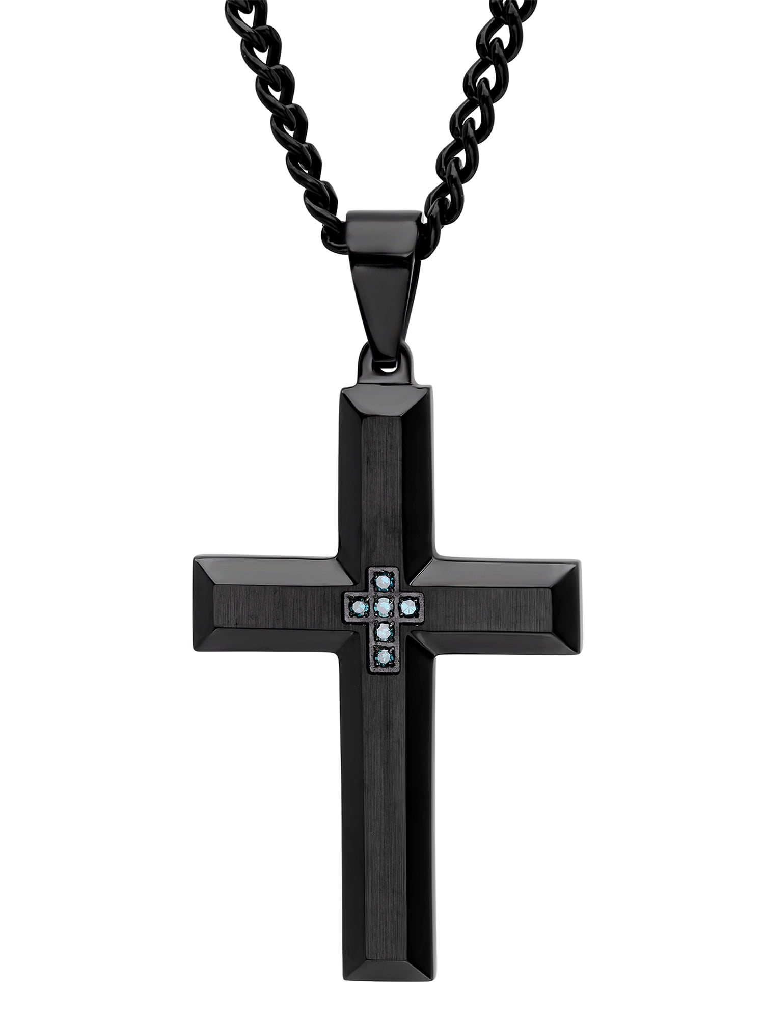 5 WHOLESALE LOT OF Black & Blue Natural Diamond Stainless Cross Pendant Necklace 
