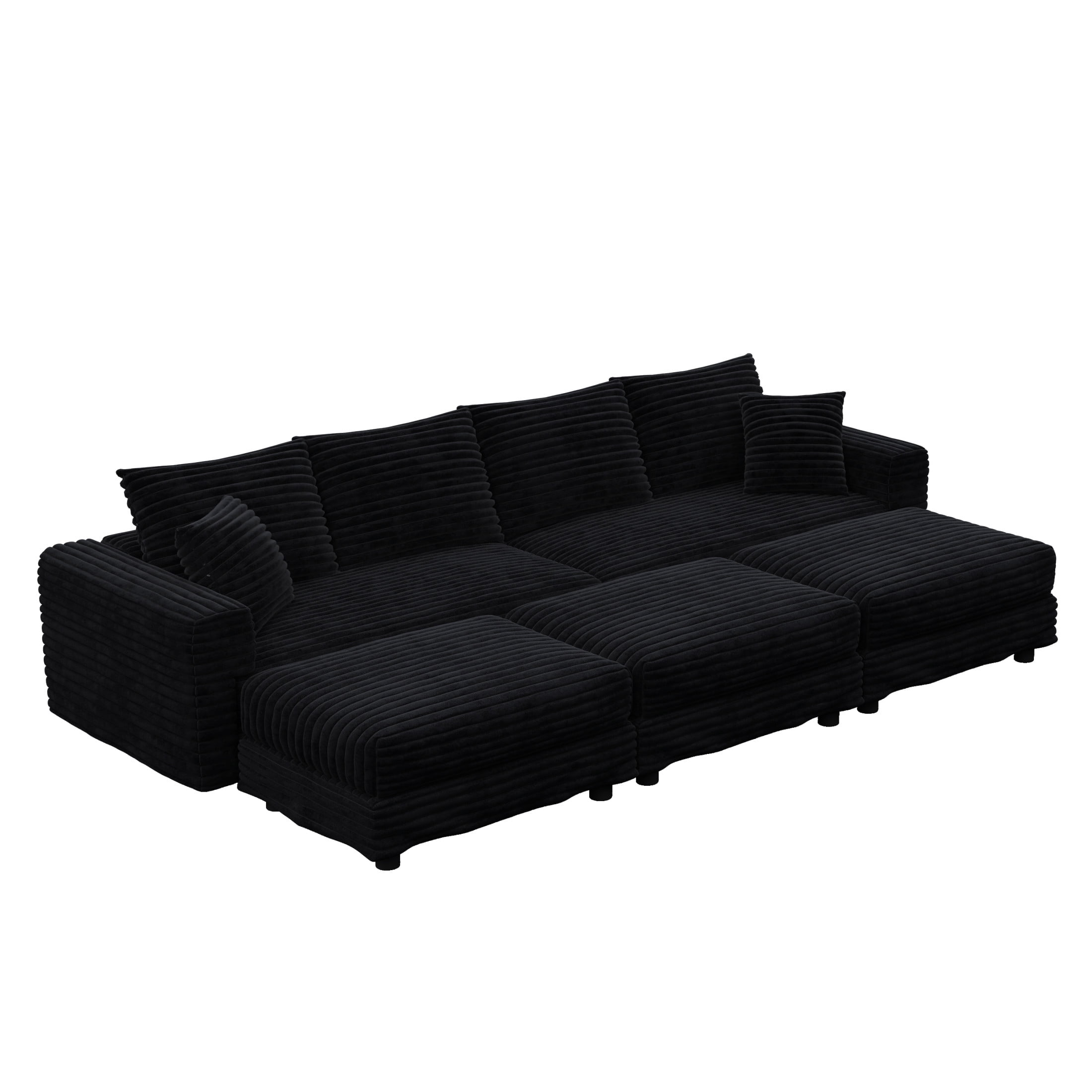 Noble House Nesta 4-Seat Plush Corduroy Cloud Sofa, Convertible Deep Seat Lounge Couch with 3 Ottomans & Soft Pillows, Black
