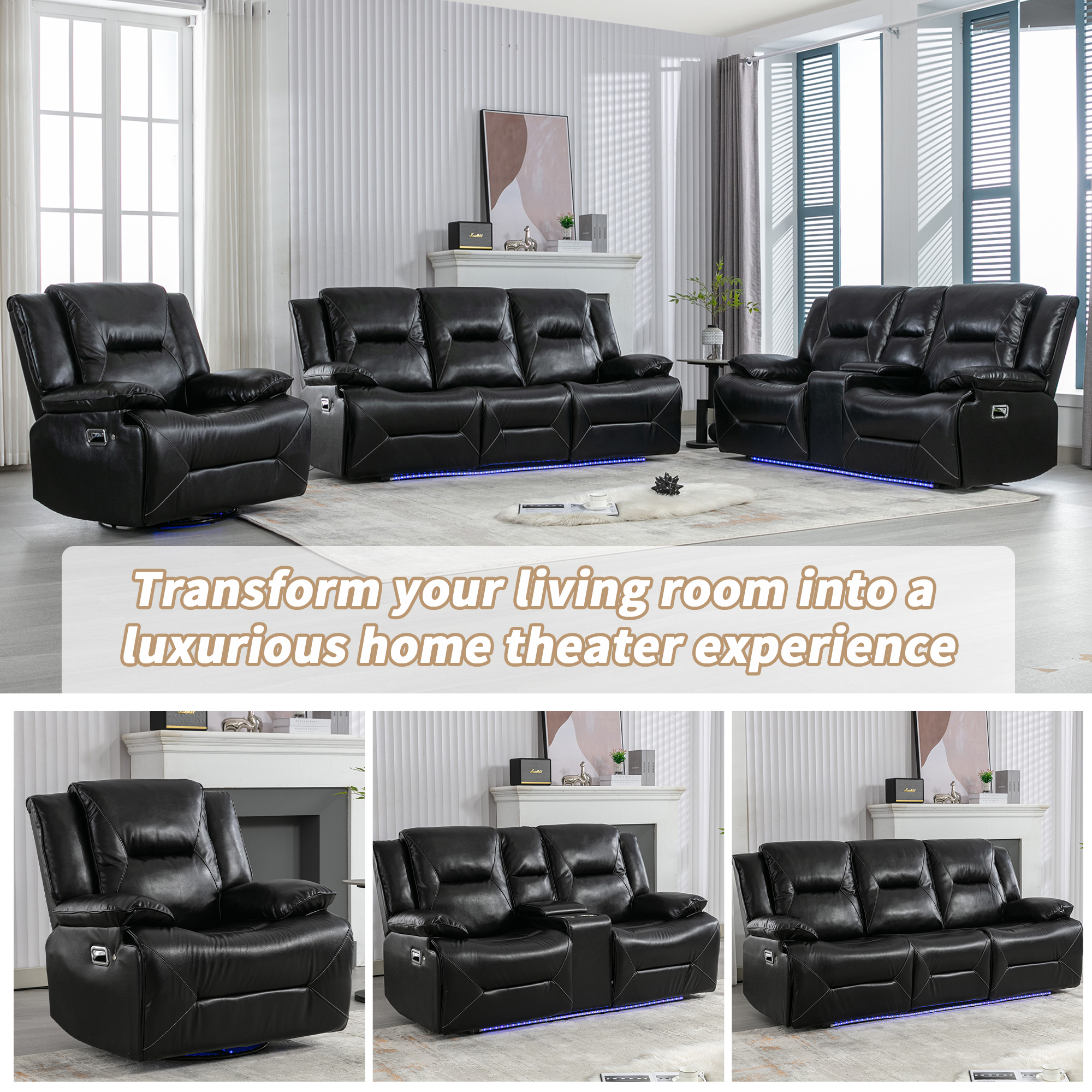 Euroco 3 Seater Home Theater Recliner Manual Recliner Chair with a LED Light Strip Two Built-in Cup Holders for Living Room,Bedroom, Black