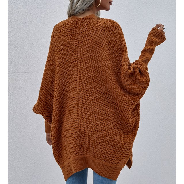 Suéter Con Abertura Frontal Para Mujer, Dobladillo Con Abertura Color Puro Tacto Suave Puños Ajustados Manga De Murciélago Prendas De Vestir De Punto Para El Otoño Para La ANGGREK Rojo ladrillo XL