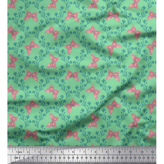 Soimoi Green Rayon Fabric Flower & Butterfly Print Sewing Fabric BTY 42 Inch Wide