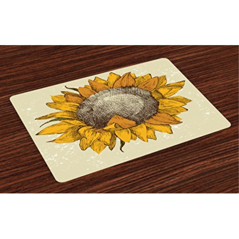 Lunarable Sunflower Place Mats Set of 4, Vintage Hand Drawn Sunflower Sketchy Grunge Flourishing