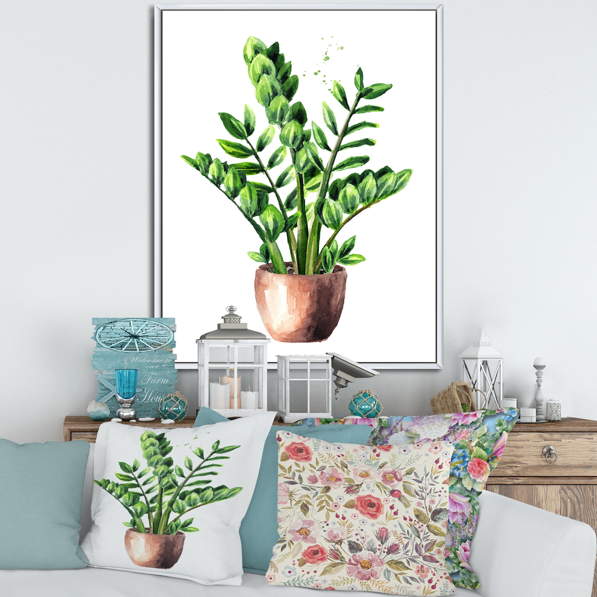 Zamioculcas Tropical Plant With Green Leaves On White 30 in x 40 in Framed Painting Canvas Art Print, by Designart
