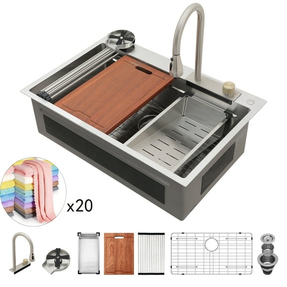 Logmey Stainless Steel Workstation Kitchen Sink 33x22 Drop In Topmount Kitchen Sink Watetfall Sink with Faucet Combo, Cup Washer, Gift