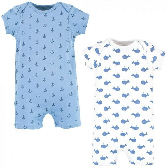 Hudson Baby Infant Boy Cotton Rompers, Blue Whale 2-Pack, 0-3 Months