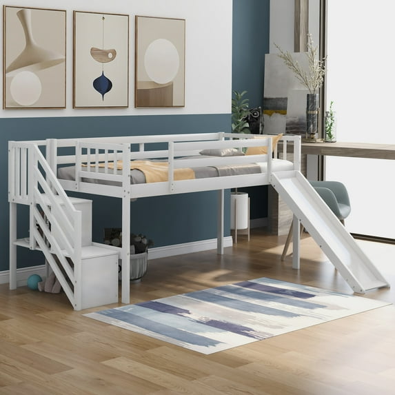 Euroco Wood Twin Loft Bed with Slide and Shelf for Child, White
